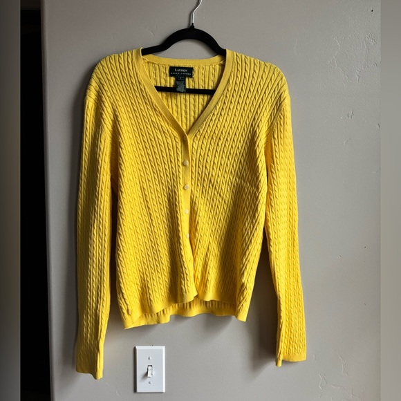 Ralph Lauren Sweaters - Lauren Ralph Lauren Yellow Cable Knit Cardigan Preppy Classic Academia L Cozy